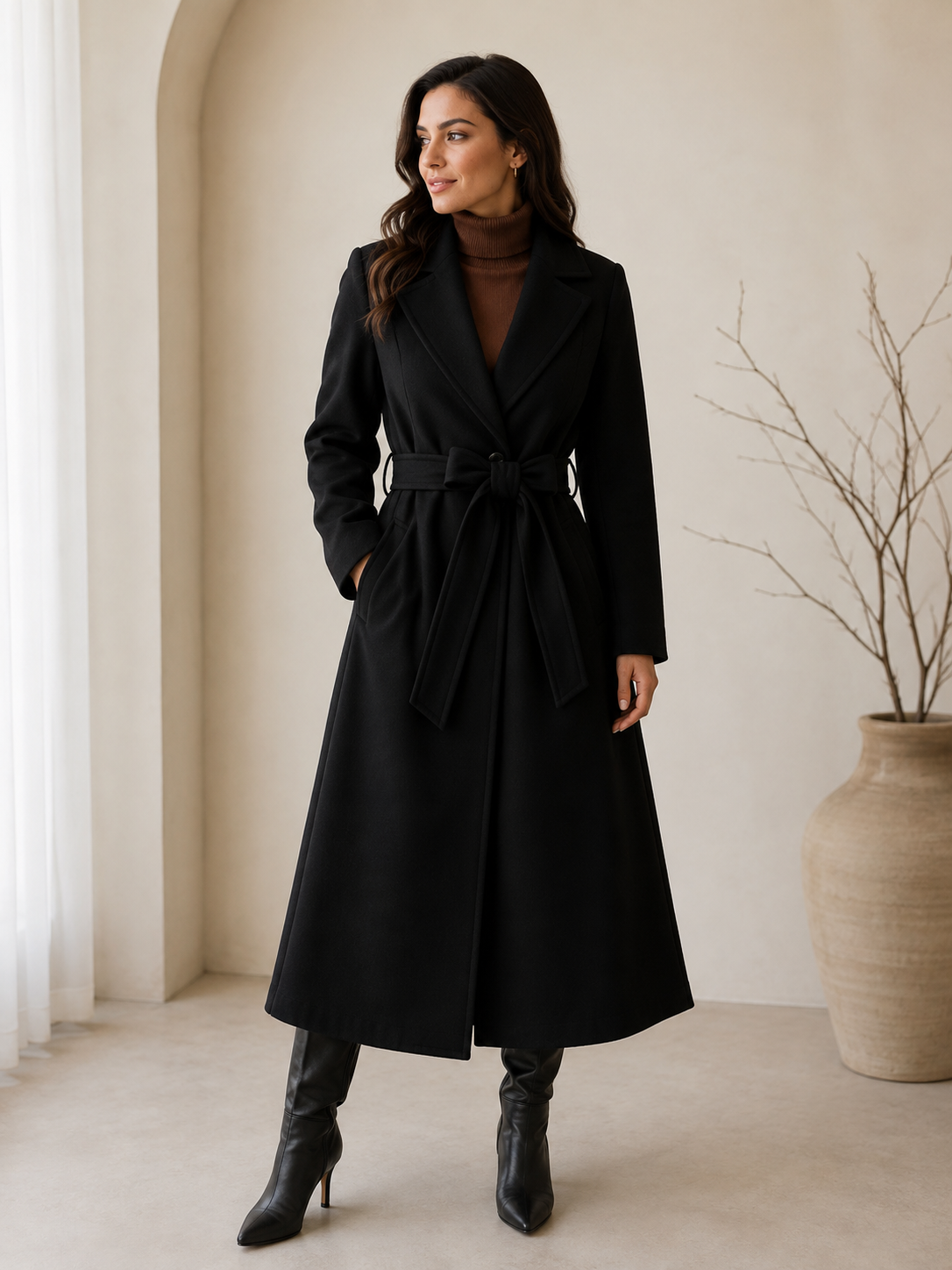 Women's wool belted overcoat in black color