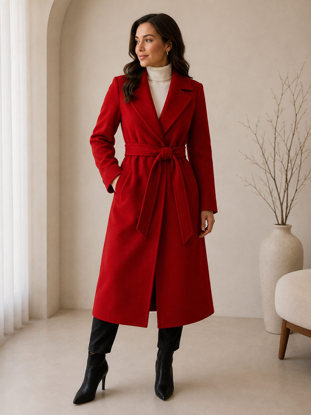 Women's wool belted overcoat in red color