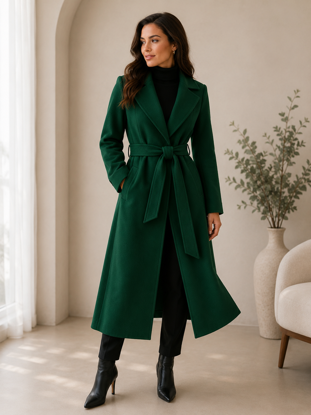 Women's wool belted overcoat in green color