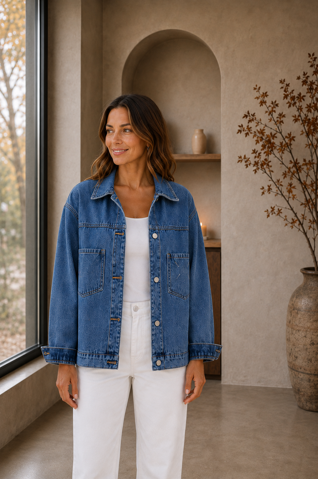 Button up denim jacket with classic shirt collar