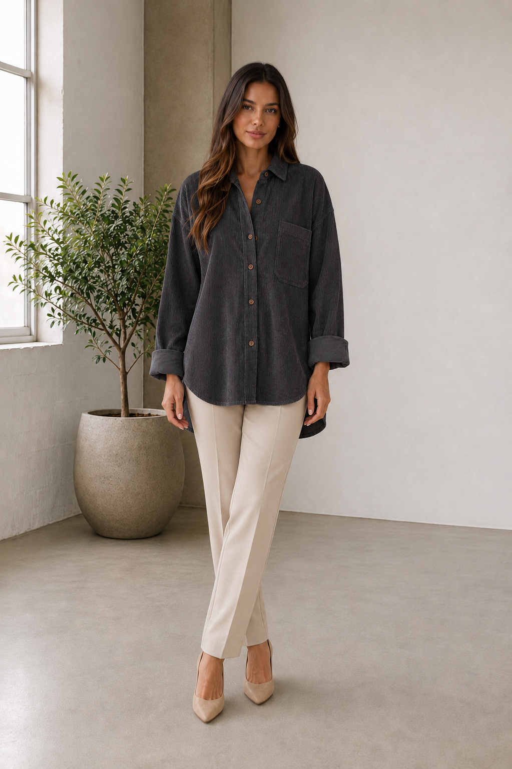 Button up corduroy shirt with pointed collar