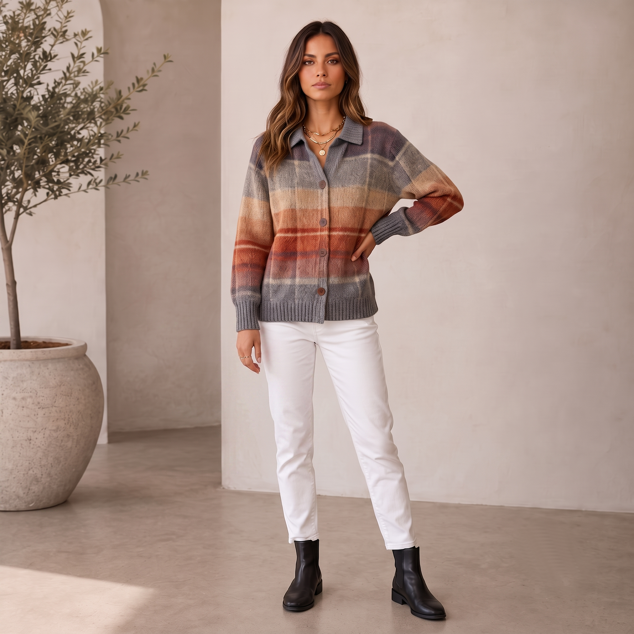 Women's wool-blend plaid knit cardigan with front button closure