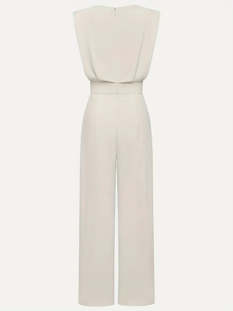 Women's formal wide-leg jumpsuit with draped neckline and clean seam construction