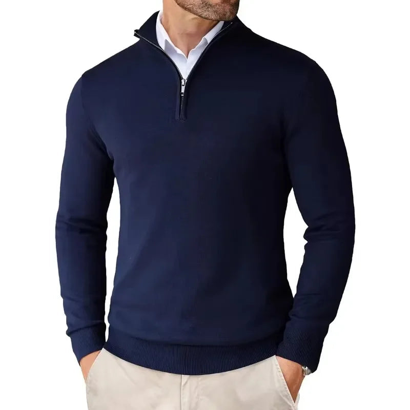 Men's knitted sweater with quarter-zip neckline and structured cotton blend fabric