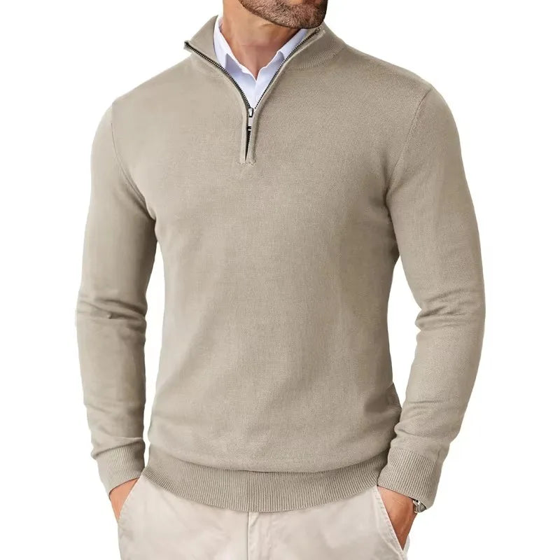 Detail of stand-up collar and zip fastening on men's cotton blend knitted sweater
