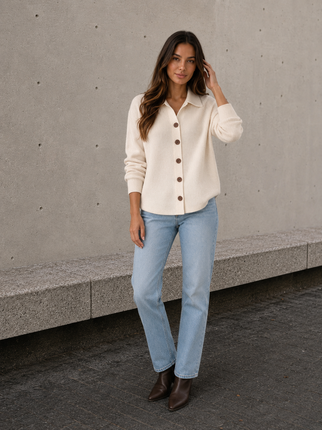 Women's apricot classic button knit cardigan with collared neckline