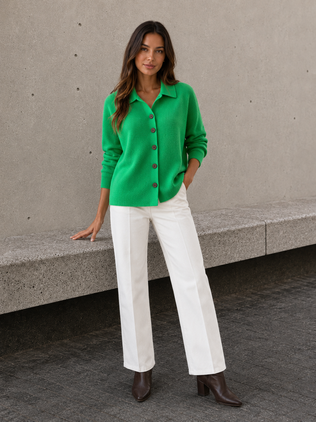 Women's green classic button knit cardigan with collared neckline