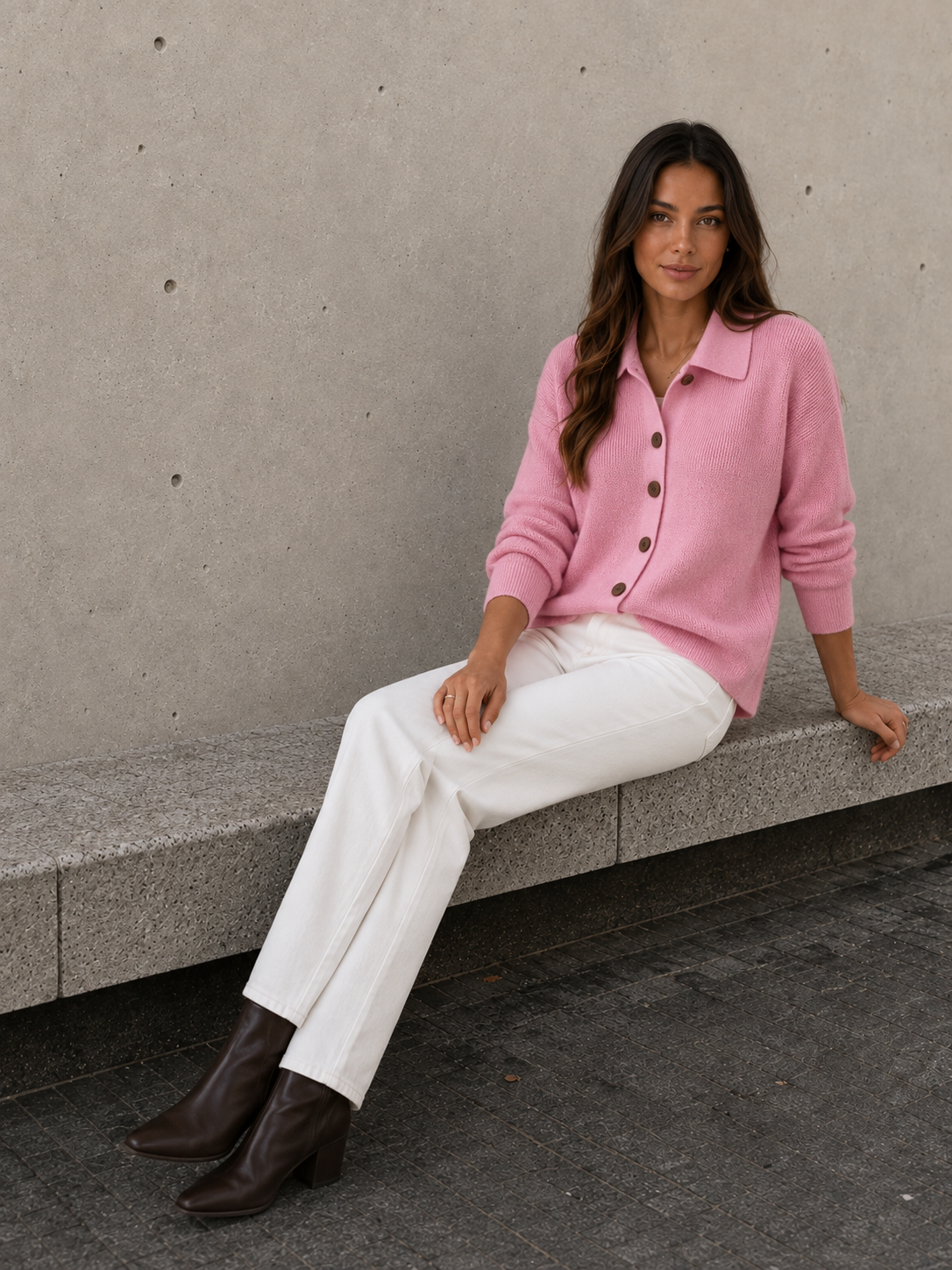 Women's pink classic button knit cardigan with long sleeves