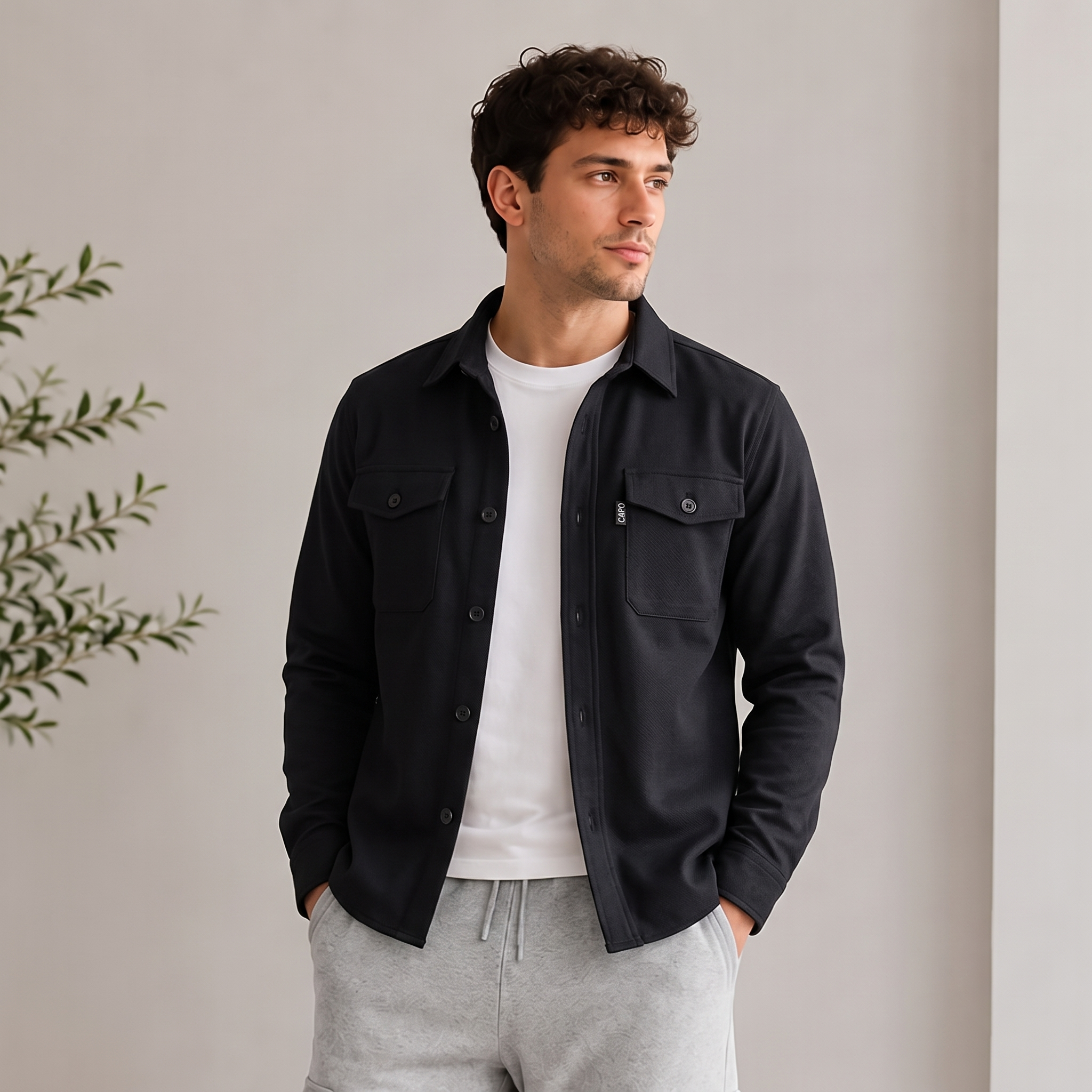 Men's regular fit overshirt with chest flap pockets, straight hem, and clean seam construction