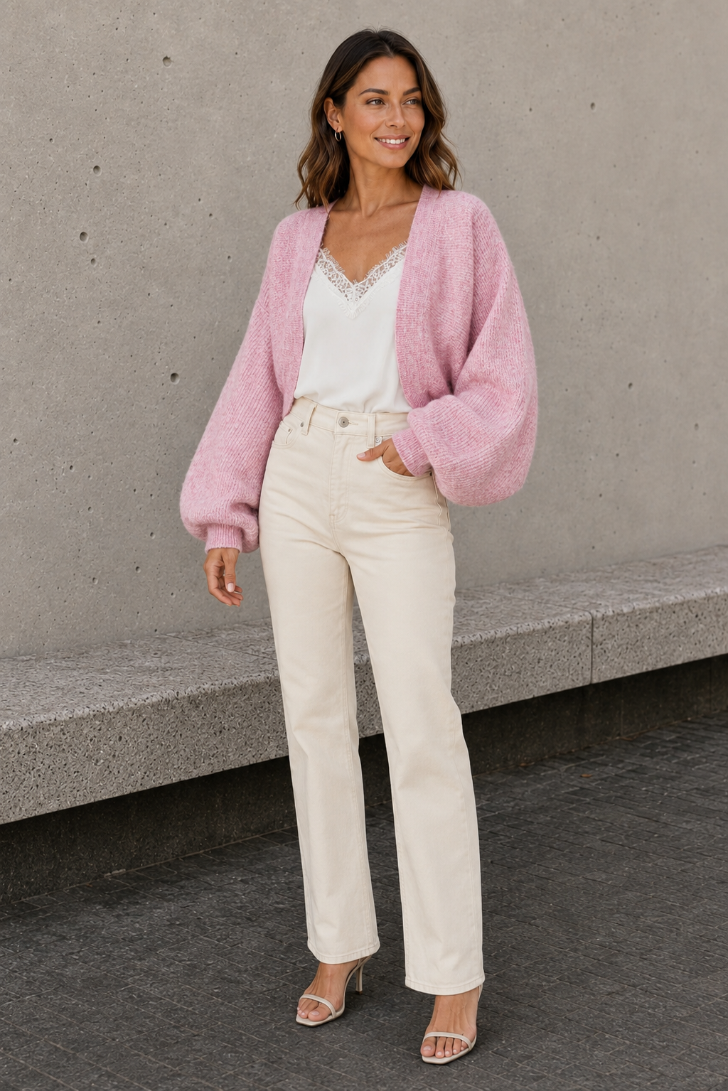 Pink cropped knitted bolero front view for women