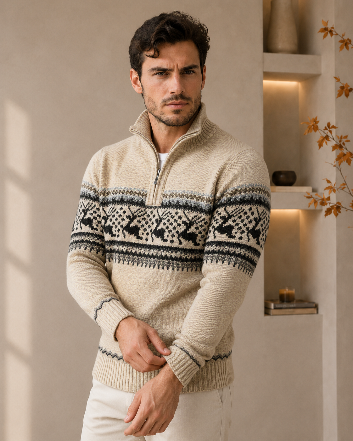 Men's beige half-zip knit sweater with Nordic pattern