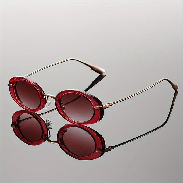 Women's red oval sunglasses with dark lenses