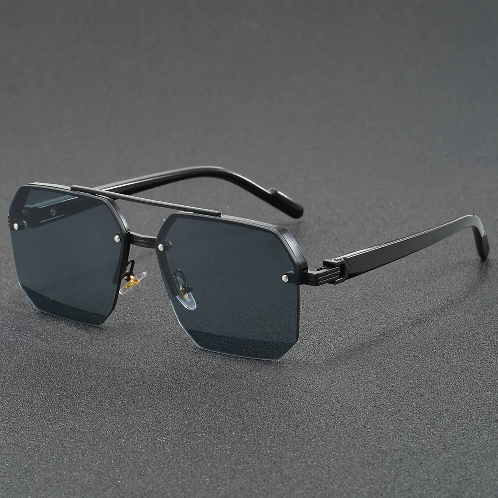Men's geometric rimless sunglasses frame detail