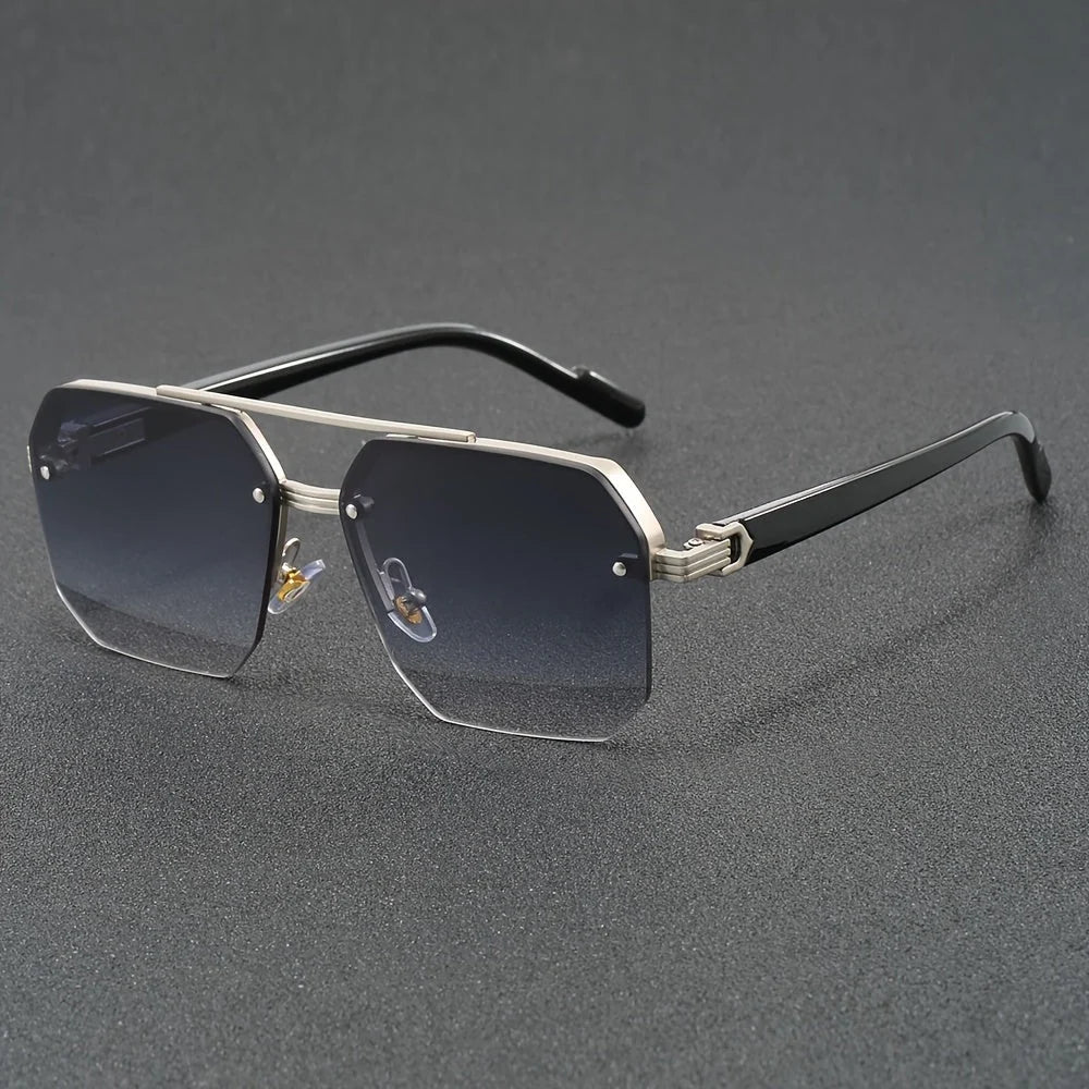 Men's dark rimless geometric sunglasses with metal frame