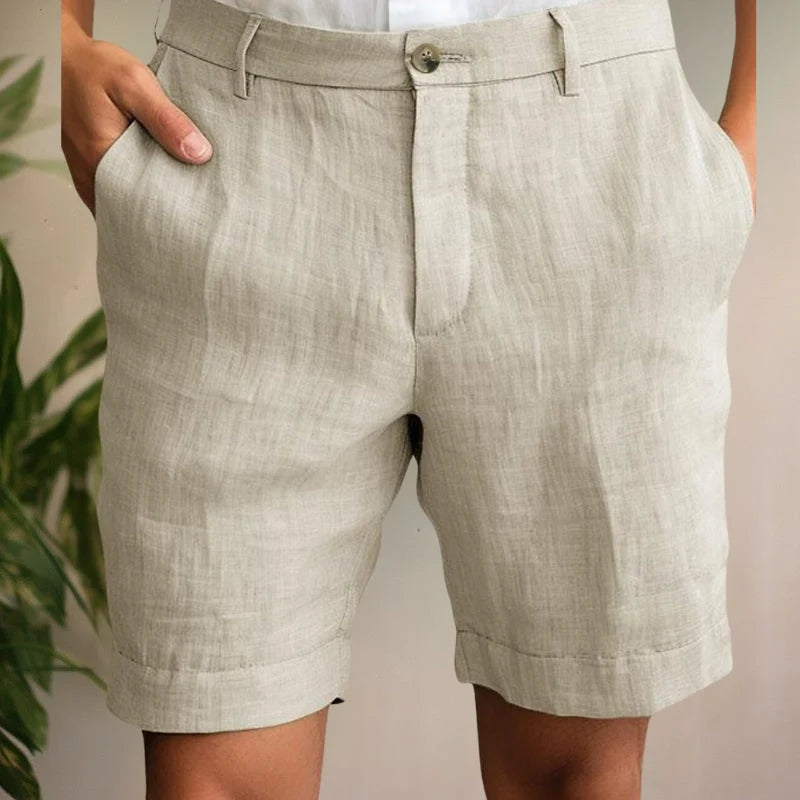 Men's beige linen summer shorts with side pockets and belt loops