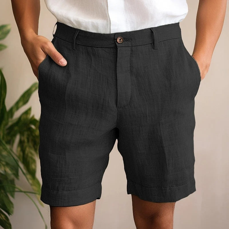 Men's black linen summer shorts with button closure and relaxed fit