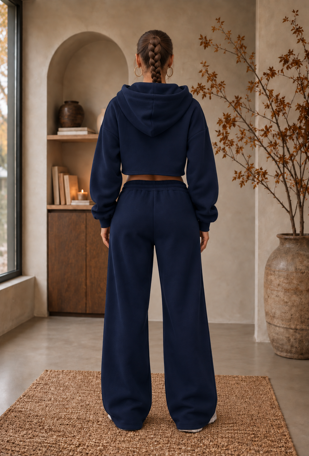 Navy blue cropped hoodie tracksuit women back view