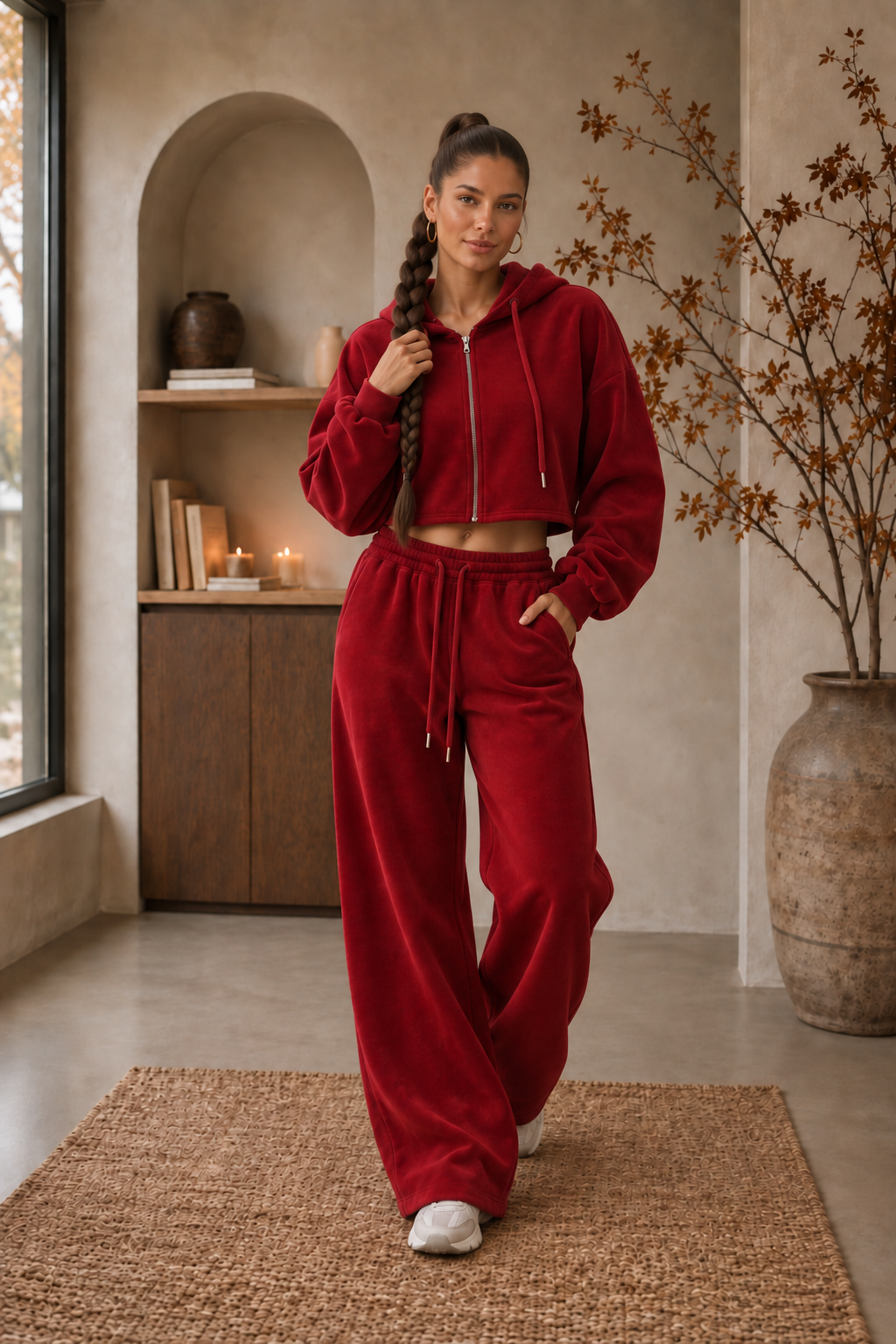 Red cropped hoodie tracksuit set women front view