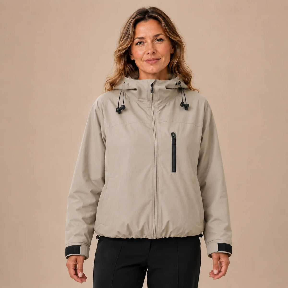Women's short hooded raincoat in Khaki front view