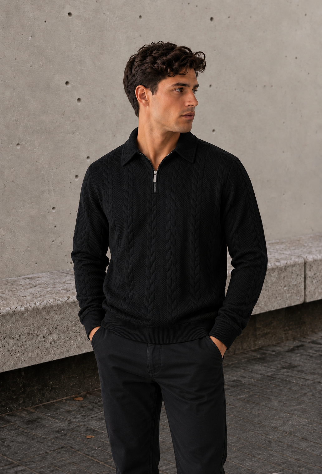 Men's black half zip cable knit sweater