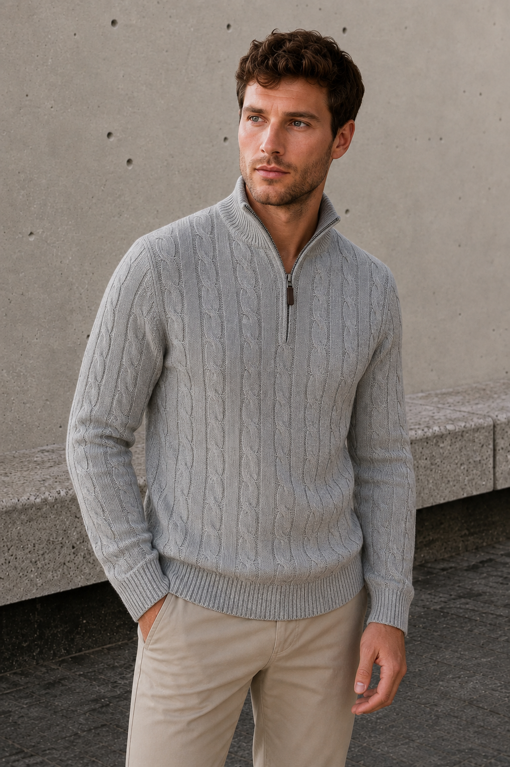Men's cable-knit quarter-zip sweater with stand-up collar and structured knit pattern