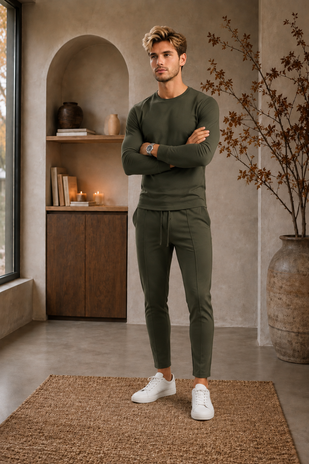 Men's dark green cotton training set