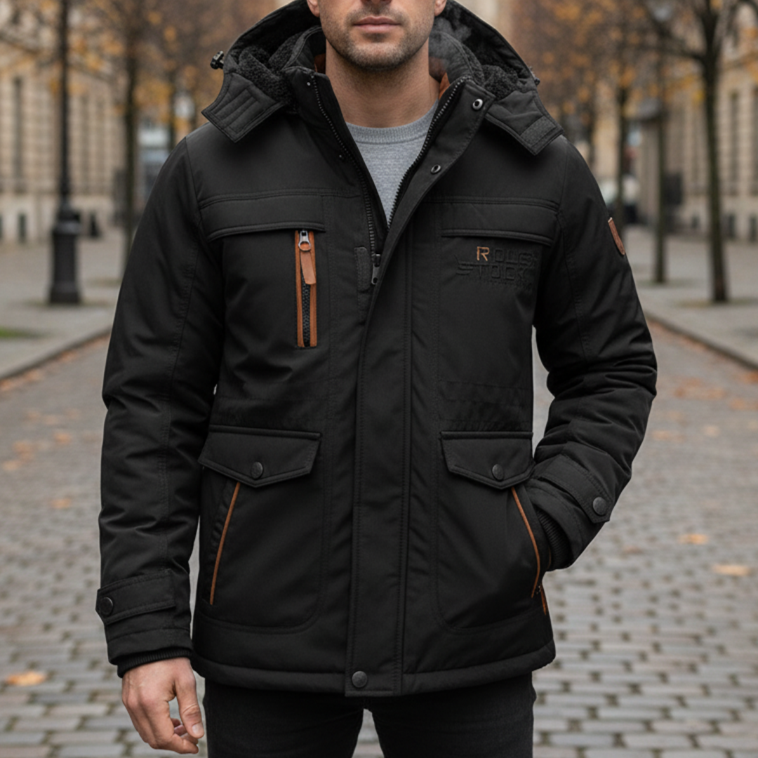 Vadderad herrock med avtagbar huva för kallt väder