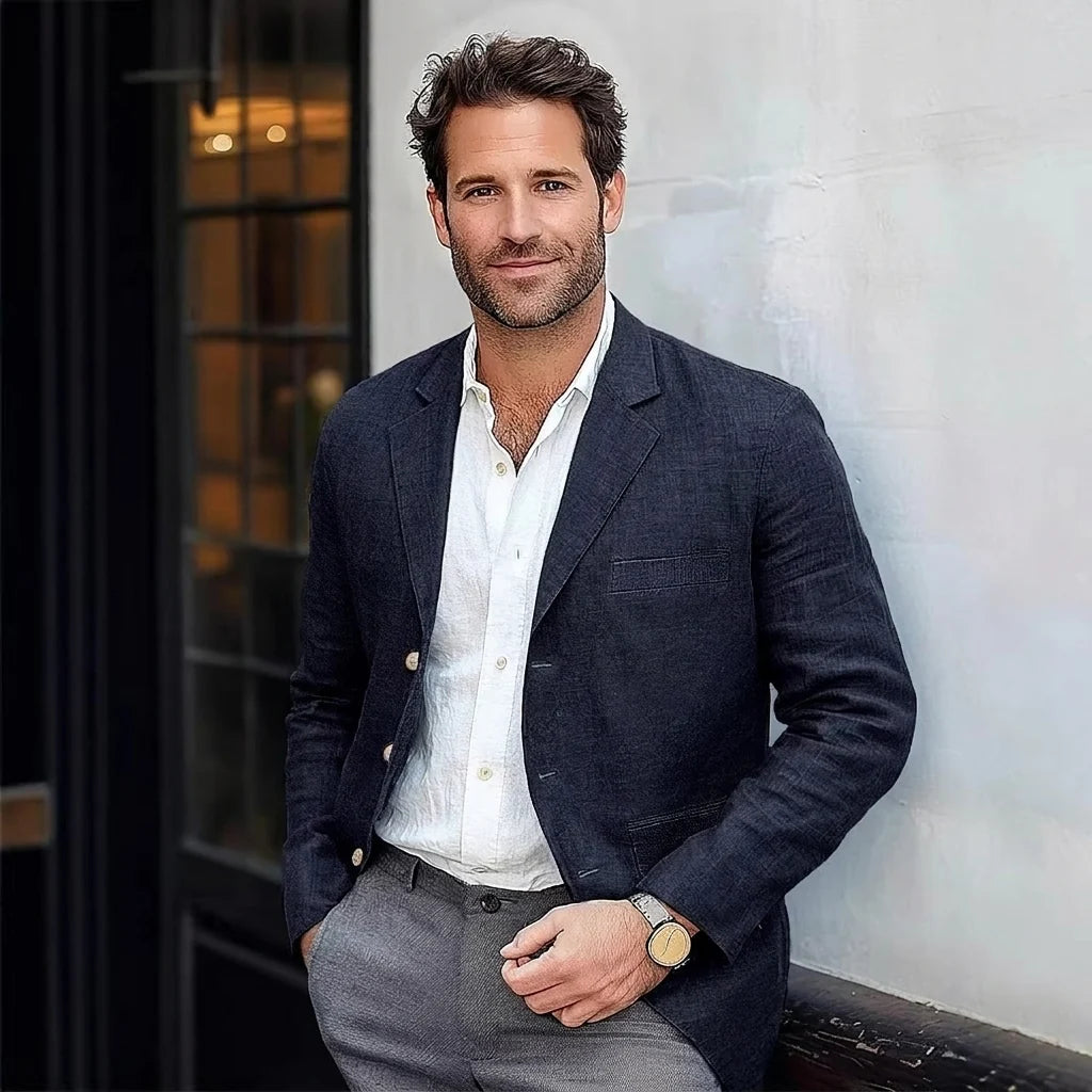 Men's navy linen-blend blazer with notched lapel and button front