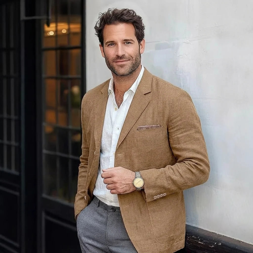 Men's brown linen-blend blazer with notched lapel and button front