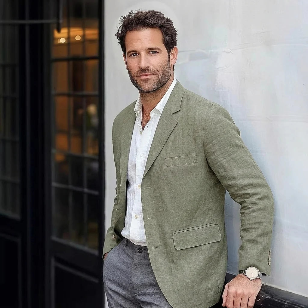 Men's green linen-blend blazer with notched lapel and button front