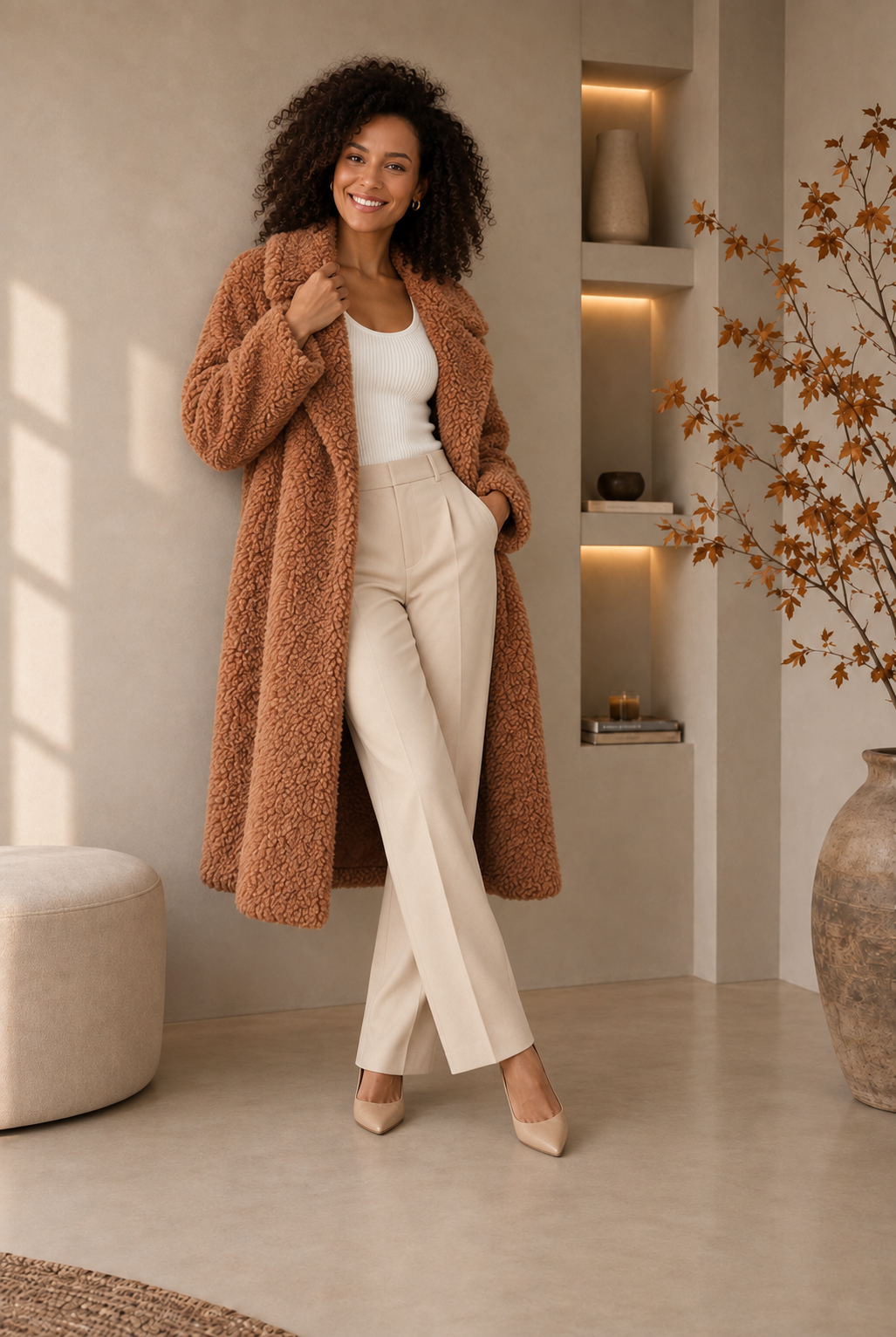 Women’s fuzzy fleece open front long coat in caramel with lapel collar