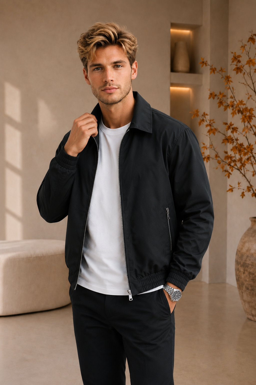 Men's black jacket and pants matching set front view