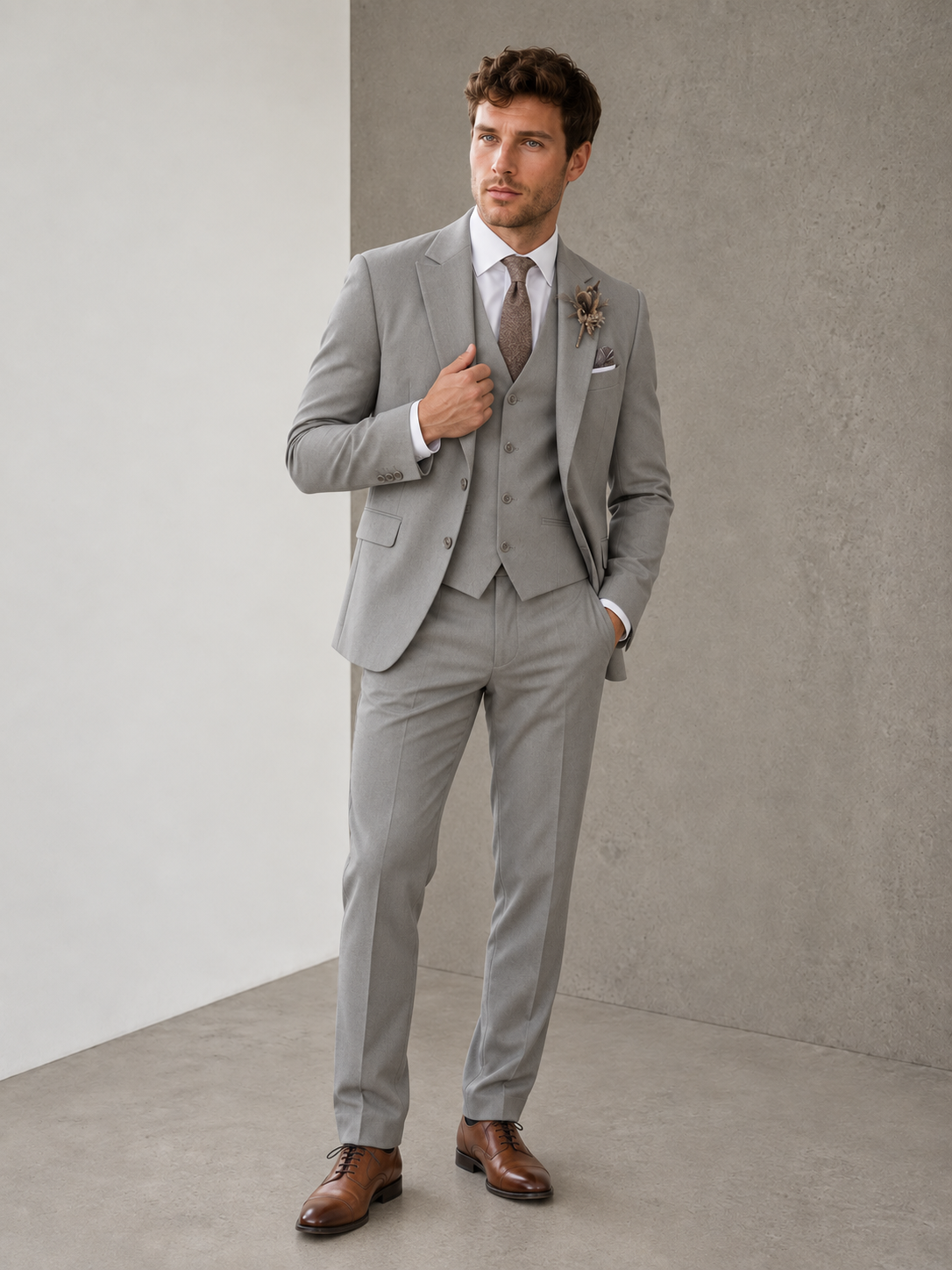 Men's tailored 3-piece suit set with notch lapel jacket, buttoned vest, and slim-fit trousers