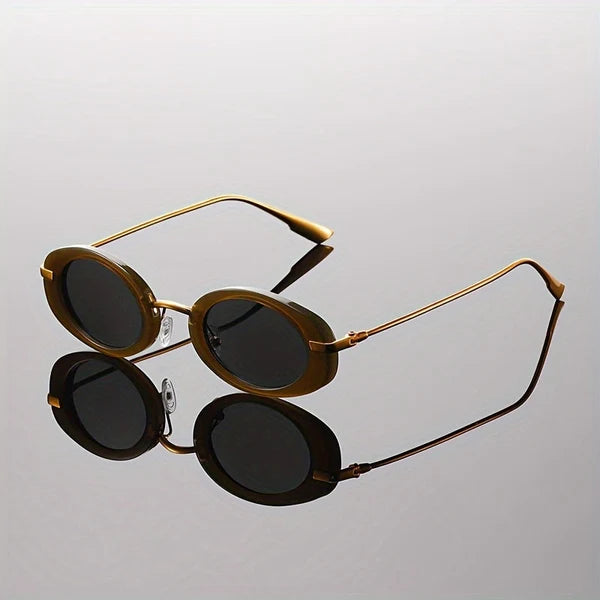 Women's olive oval sunglasses with dark lenses