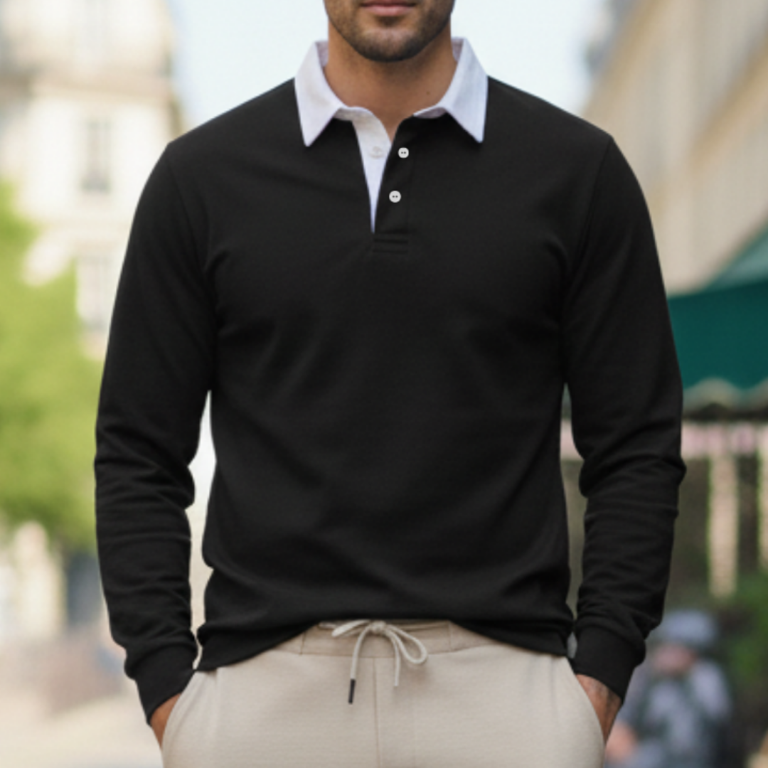 Stickad herrtröja med polokrage och lång ärm