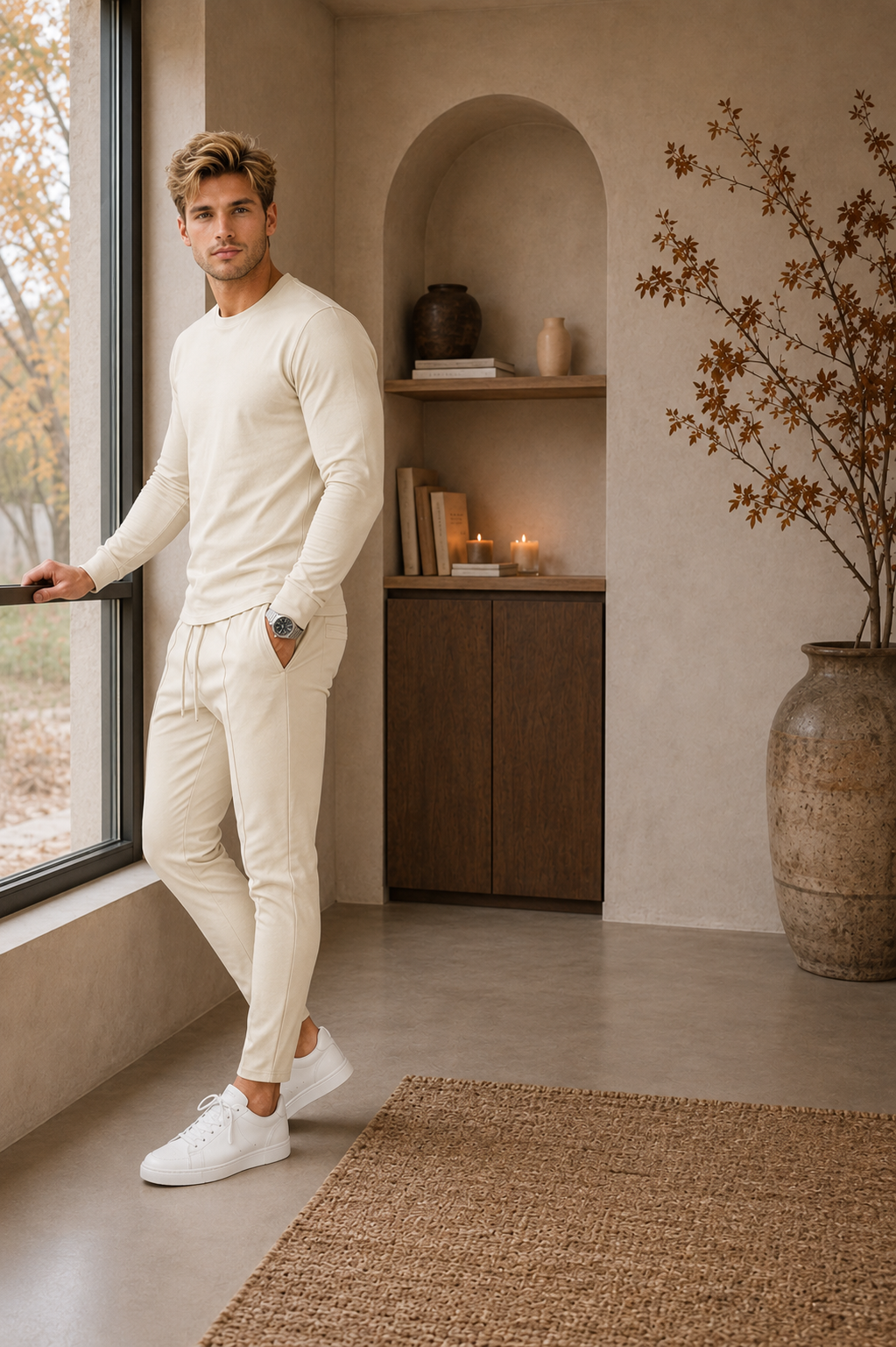 Men's beige cotton training set