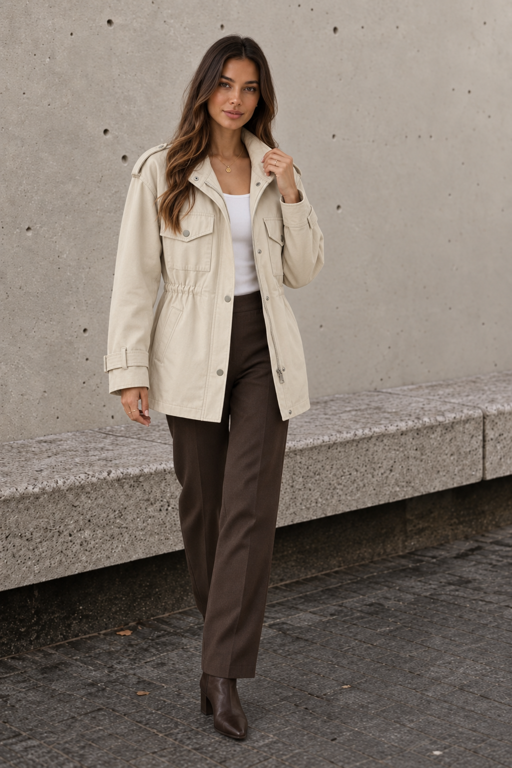 Women's cream tailored overcoat styled for everyday wear