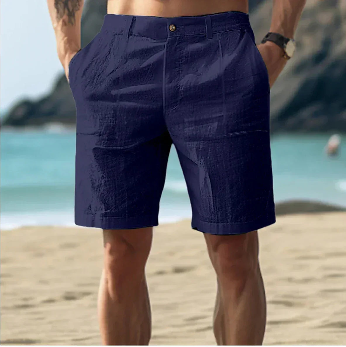 Men's navy blue summer chino shorts with relaxed fit and side pockets