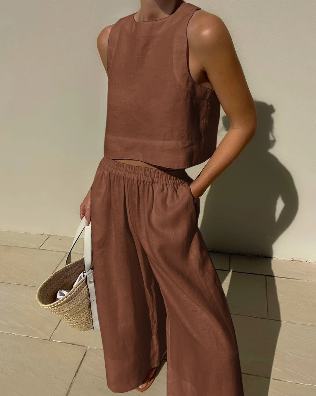 Sleeveless linen-blend two-piece set with cropped top and relaxed wide-leg trousers for women