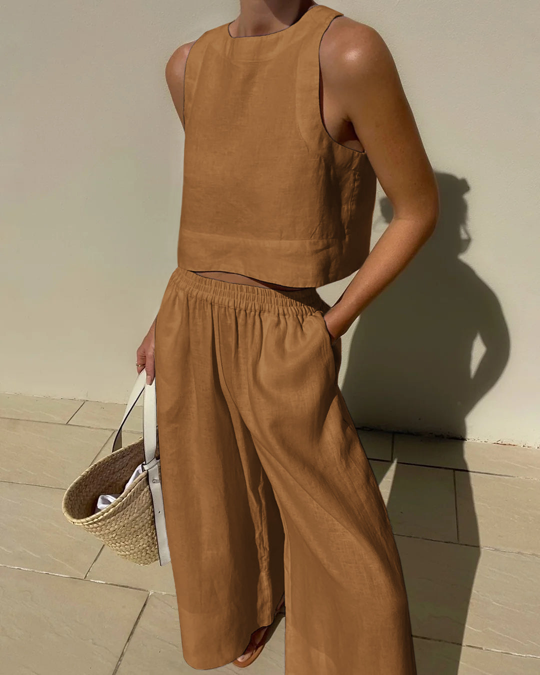 Women's wide-leg trousers and sleeveless crop top linen-blend two-piece set
