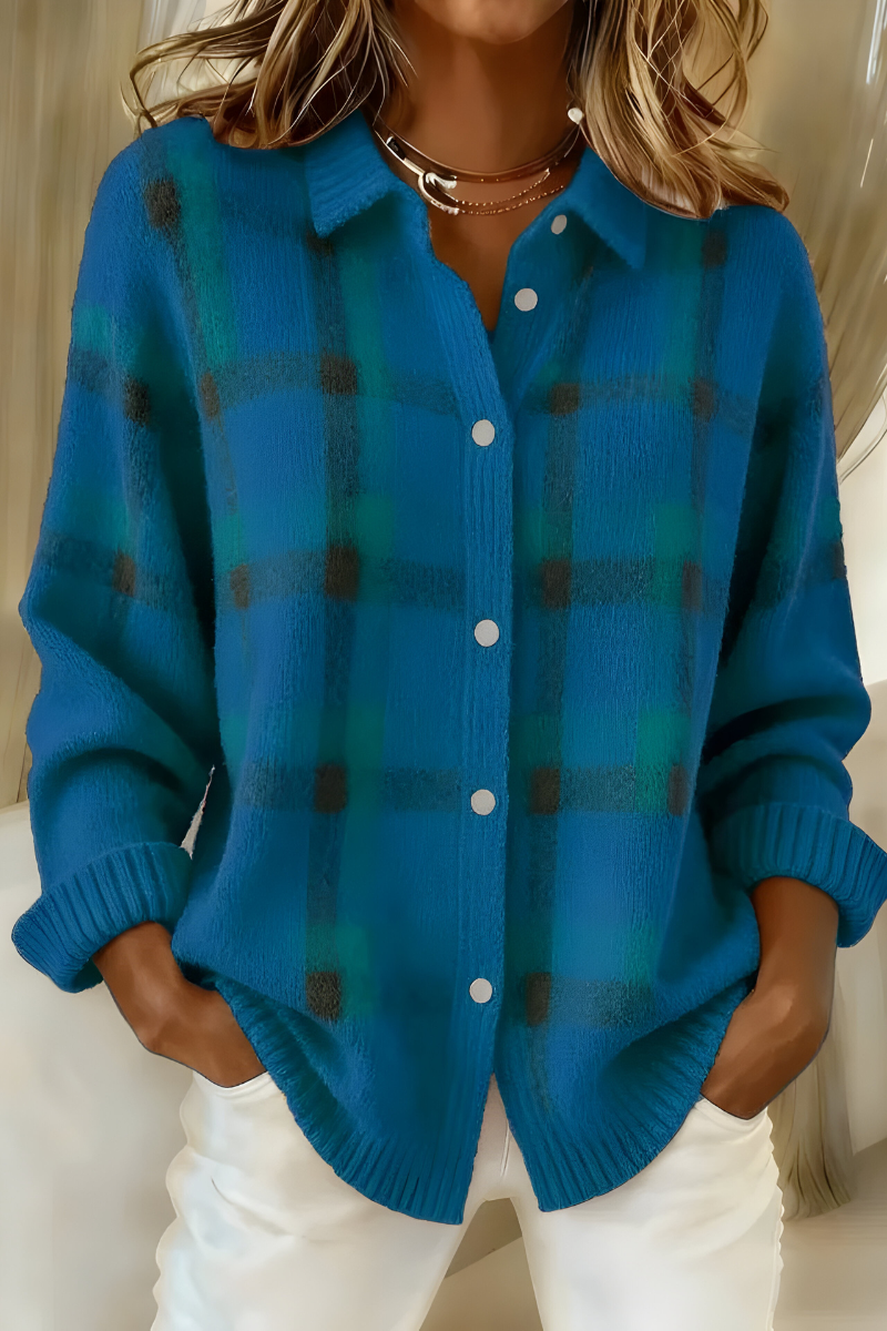 Women's straight-fit knit cardigan with open collar and full button front