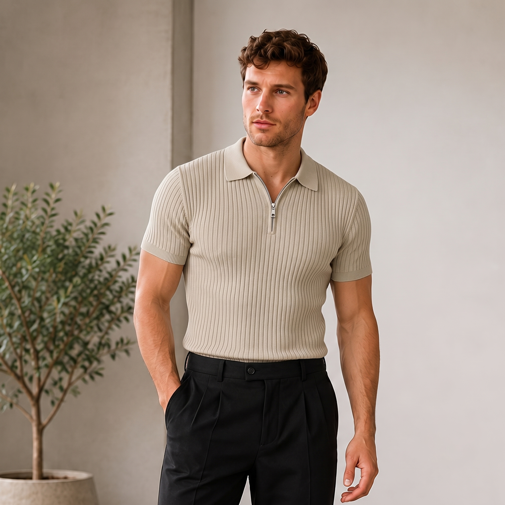 Men's fitted ribbed polo shirt with a short front zipper and polo collar