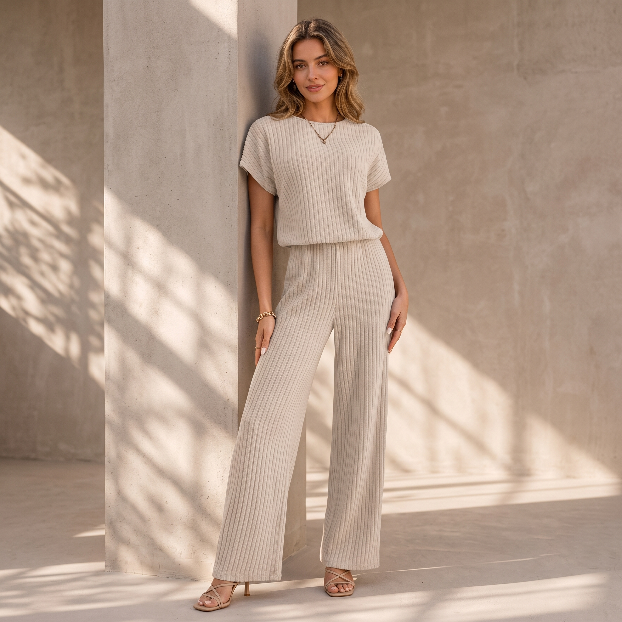 Ribbed Matching Set Wide Leg Women