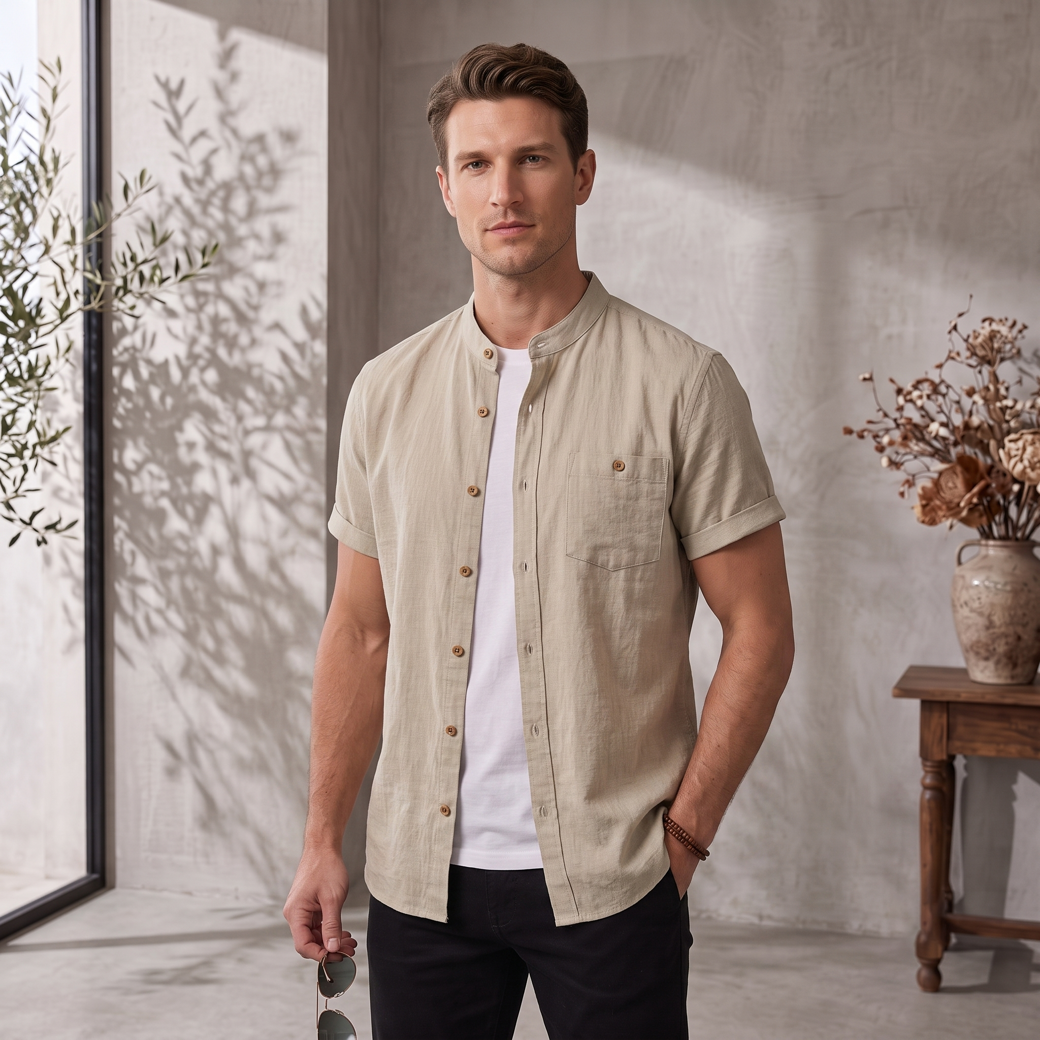 Men's relaxed-fit button-up shirt with stand collar and short sleeves