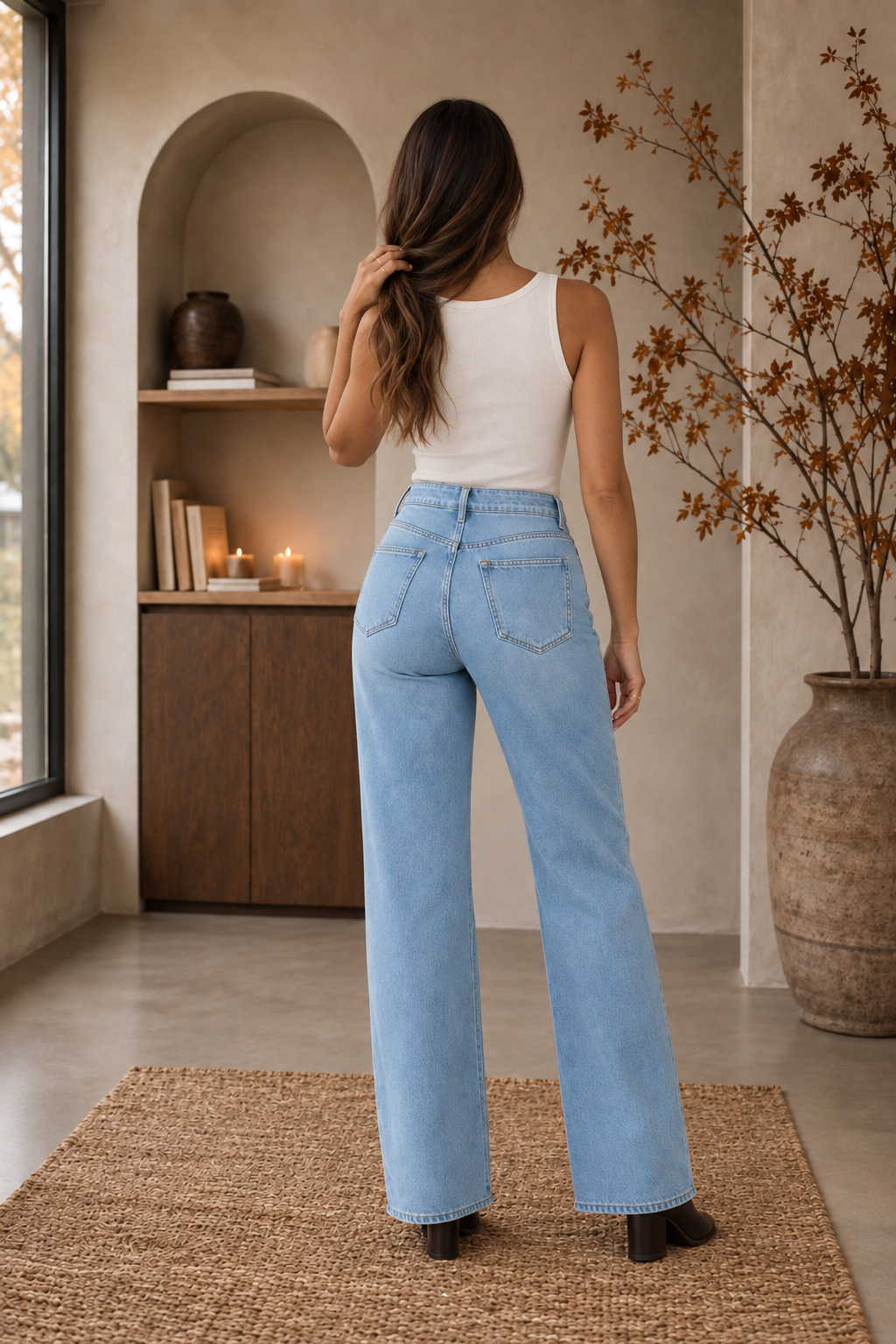 Back view of women’s high waist wide leg jeans in denim