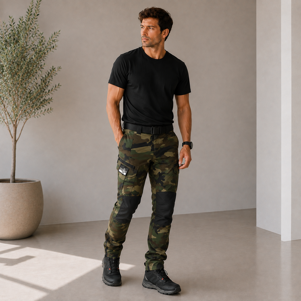 Men's woven cargo trousers with multi-pocket layout and belt for everyday wear