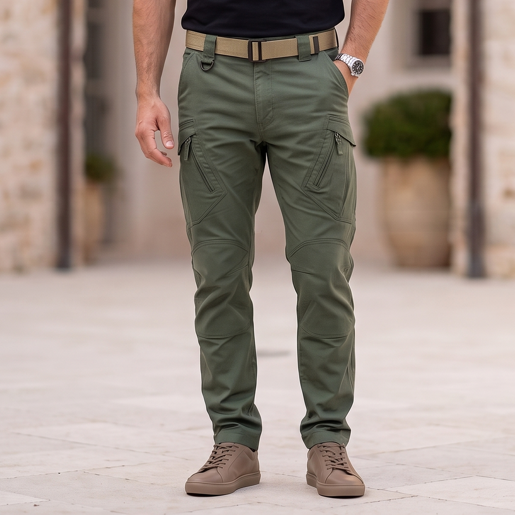 Men's cargo pants in a woven fabric with multiple cargo pockets and adjustable hem