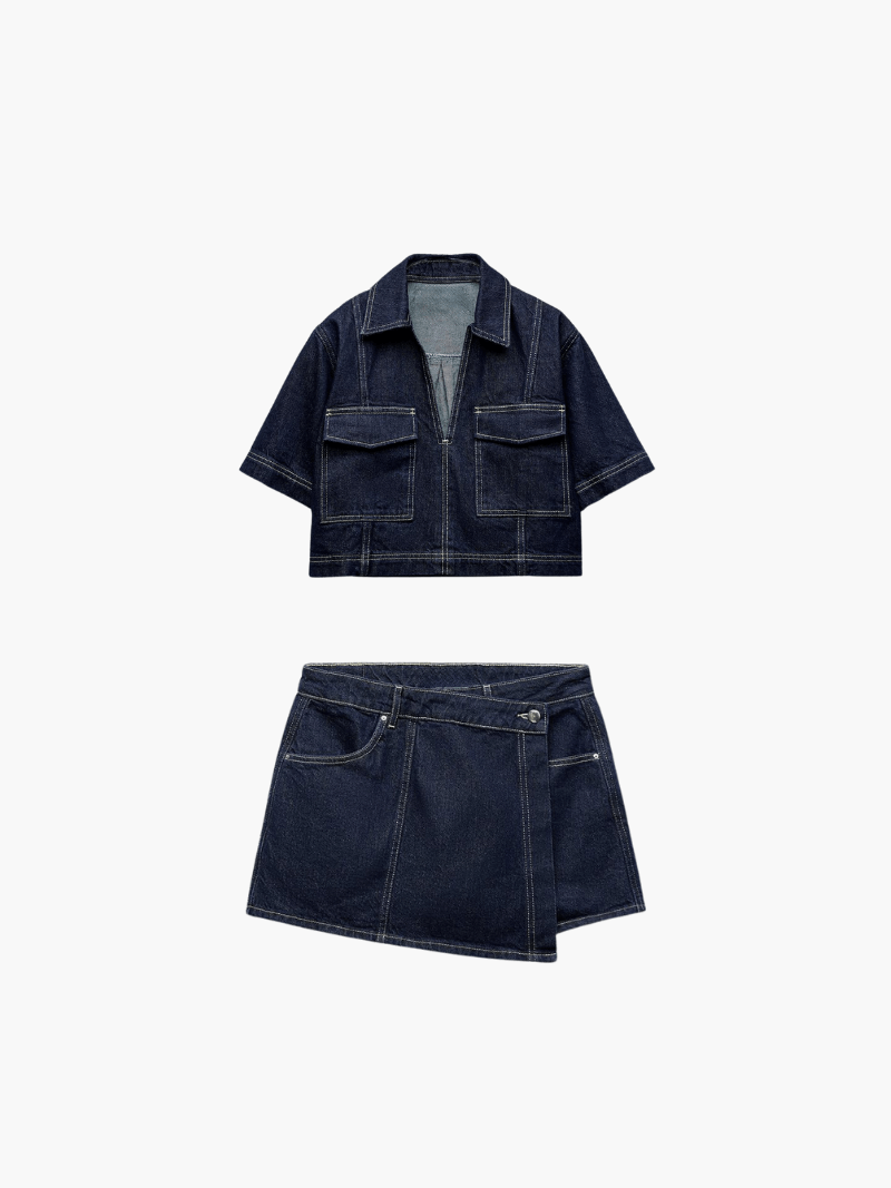 Denim set with mid-rise mini skirt and short-sleeve cropped top with visible stitching