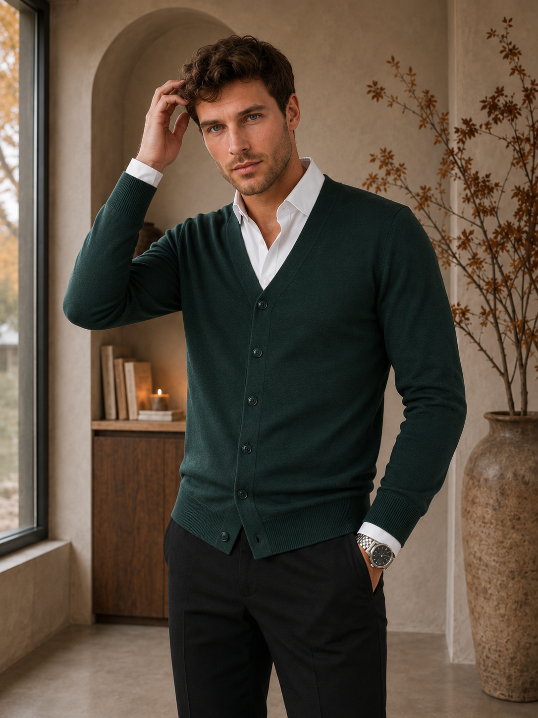 Dark green V-neck cardigan for men