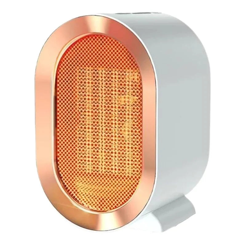 Front grille detail of a portable mini ceramic heater with modern finish